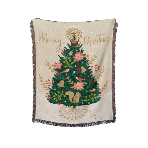 Plaid Arbre De Noël Écureuil Tricotée Décorée Avec Des Franges - 160x130cm