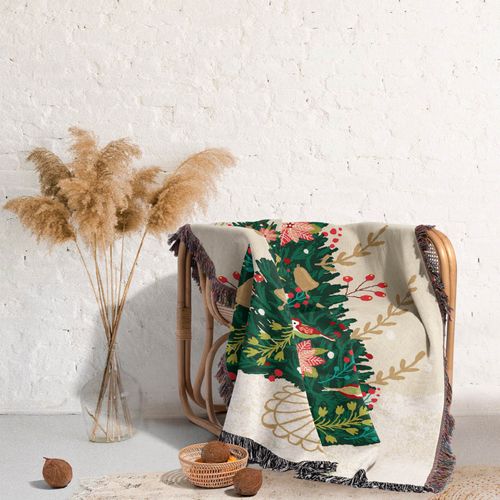 Plaid Arbre De Noël Écureuil Tricotée Décorée Avec Des Franges - 160x130cm