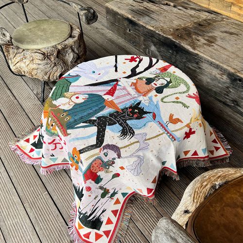 Plaid Illustrations Tricotée Décorée Avec Des Franges Bohême - 160x130cm