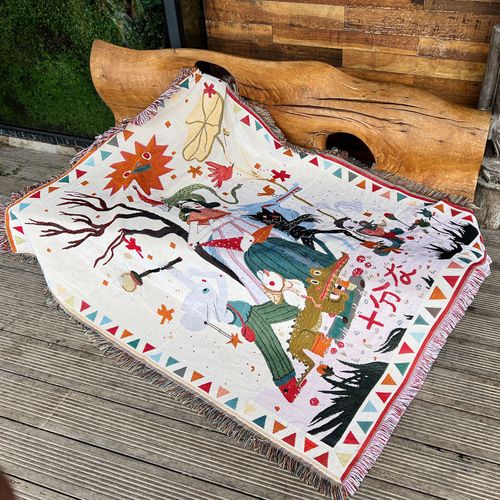 Plaid Illustrations Tricotée Décorée Avec Des Franges Bohême - 160x130cm