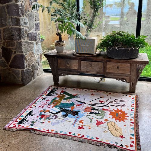 Plaid Illustrations Tricotée Décorée Avec Des Franges Bohême - 160x130cm