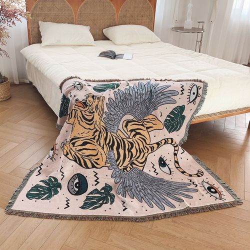 Plaid Tigre Tricotée Décorée Avec Des Franges Bohême - 160x130 Cm