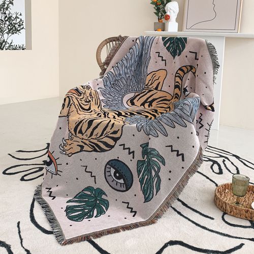 Plaid Tigre Tricotée Décorée Avec Des Franges Bohême - 160x130 Cm