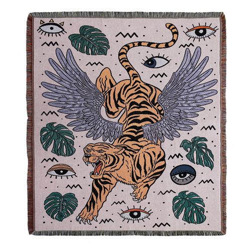 Plaid Tigre Tricotée Décorée Avec Des Franges Bohême - 160x130 Cm
