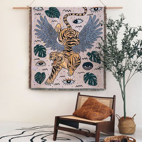 Plaid Tigre Tricotée Décorée Avec Des Franges Bohême - 160x130 Cm