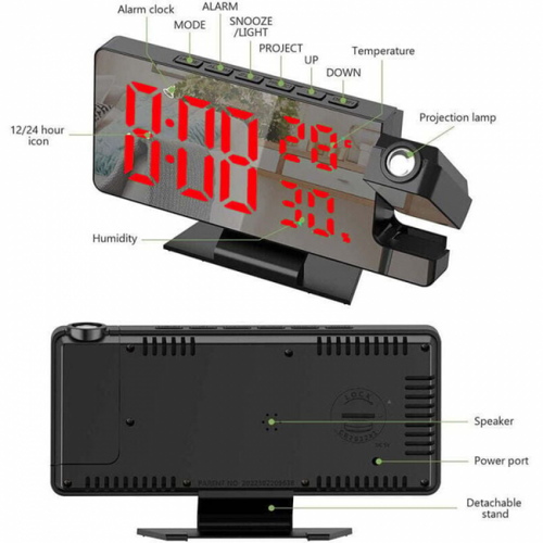 (boîtier Noir Avec Texte Rouge) Réveil Projecteur, Réveil à Projection 180°, Horloge Numérique