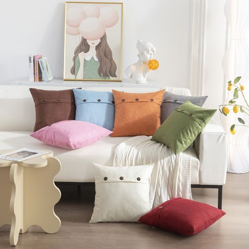 Blanc 45*45cm , Lot De 2 Housses De Coussin En Lin Avec Boutons Décoratives Taie D'oreiller