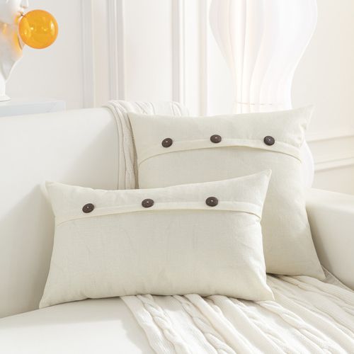 Blanc 45*45cm , Lot De 2 Housses De Coussin En Lin Avec Boutons Décoratives Taie D'oreiller