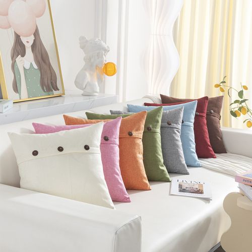 Blanc 45*45cm , Lot De 2 Housses De Coussin En Lin Avec Boutons Décoratives Taie D'oreiller