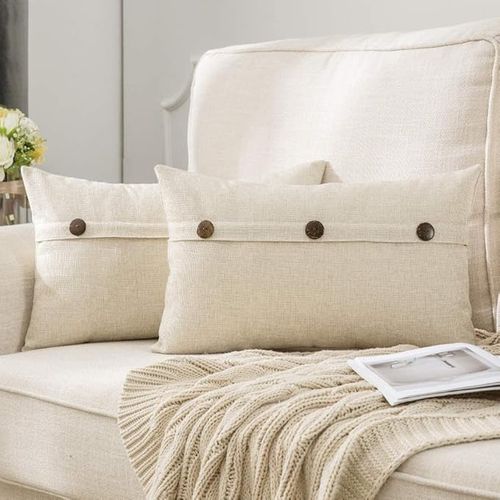Blanc 30x50cm , Lot De 2 Housses De Coussin En Lin Avec Boutons Décoratives Taie D'oreiller Tiss