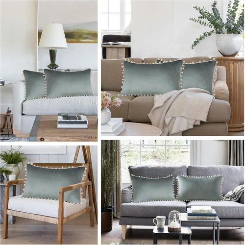 30x50 Cm, Gris Clair Lot De 2 Housses De Coussin Décoratives En Velours Doux Pompons Taies