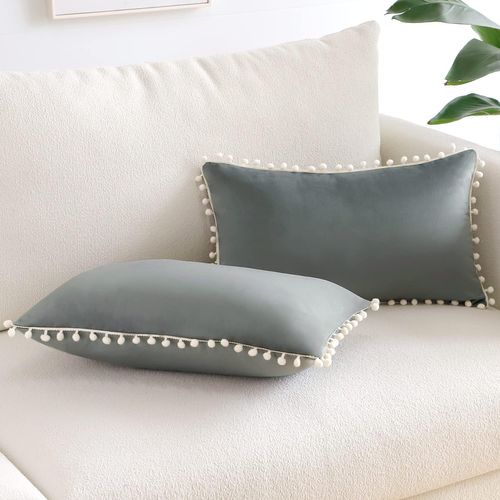 30x50 Cm, Gris Clair Lot De 2 Housses De Coussin Décoratives En Velours Doux Pompons Taies