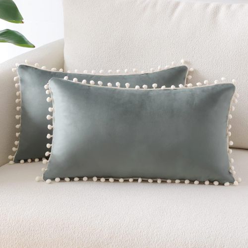 30x50 Cm, Gris Clair Lot De 2 Housses De Coussin Décoratives En Velours Doux Pompons Taies