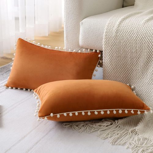 30x50 Cm, Orange Lot De 2 Housses De Coussin Décoratives En Velours Doux Pompons Taies D'oreill