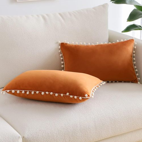 30x50 Cm, Orange Lot De 2 Housses De Coussin Décoratives En Velours Doux Pompons Taies D'oreill