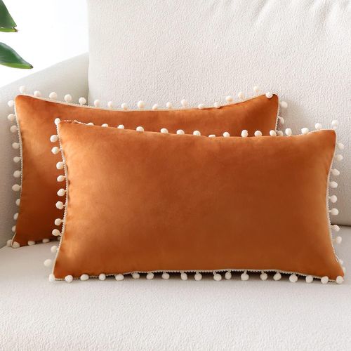 30x50 Cm, Orange Lot De 2 Housses De Coussin Décoratives En Velours Doux Pompons Taies D'oreill