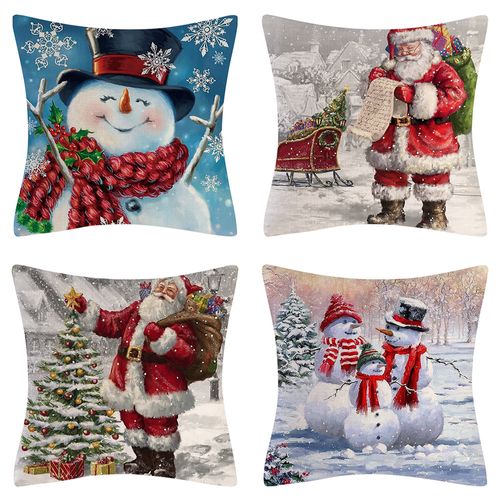 Housse De Coussin De Noël, Bonhomme De Neige, Père Noël, Housse De Coussin En Lin Imprimé Sable