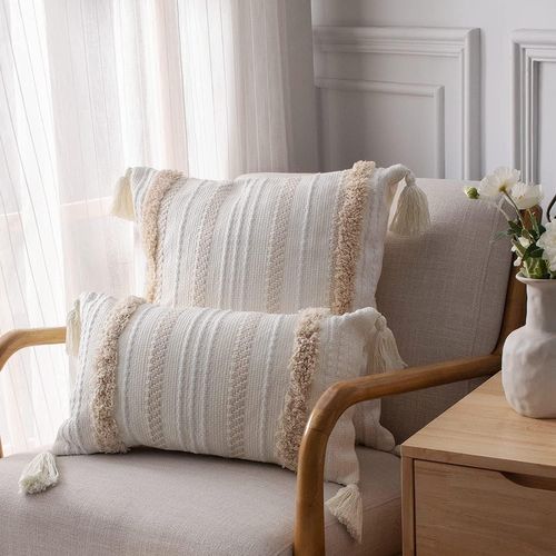 Lot De 2 Boho Housse De Coussin, Décoratives Doux Taies D'oreiller 50x50cm Avec Tufted Tassel