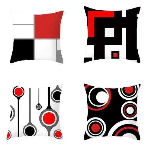 45 X 45 Cm Housse De Coussin, Lot De 4 En Coton Et Lin Moderne Noir Rouge Géométrique Modèle