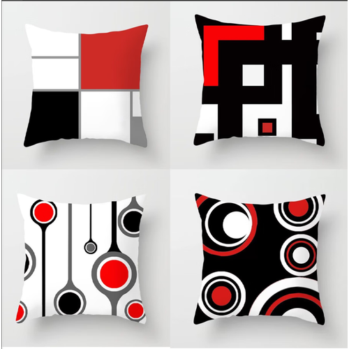 45 X 45 Cm Housse De Coussin, Lot De 4 En Coton Et Lin Moderne Noir Rouge Géométrique Modèle