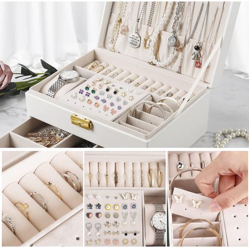Blanc Boîte à Bijoux Femme, 2 Niveaux Rangement Bijoux Voyage Fille En Cuir Pu, Organisateur
