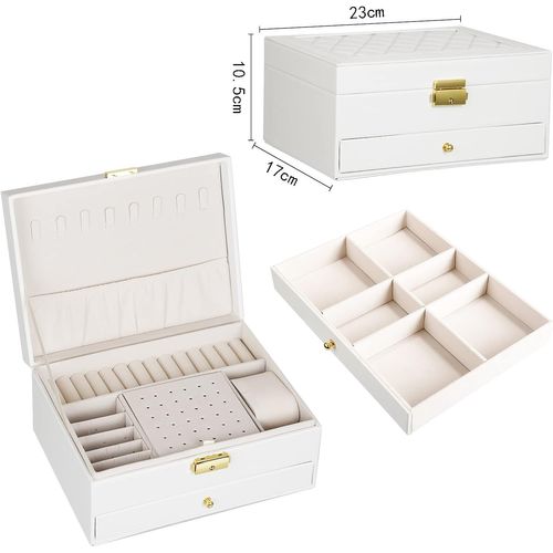 Blanc Boîte à Bijoux Femme, 2 Niveaux Rangement Bijoux Voyage Fille En Cuir Pu, Organisateur