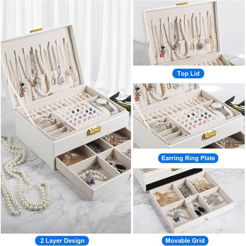 Blanc Boîte à Bijoux Femme, 2 Niveaux Rangement Bijoux Voyage Fille En Cuir Pu, Organisateur