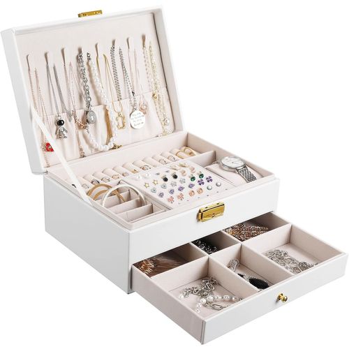 Blanc Boîte à Bijoux Femme, 2 Niveaux Rangement Bijoux Voyage Fille En Cuir Pu, Organisateur