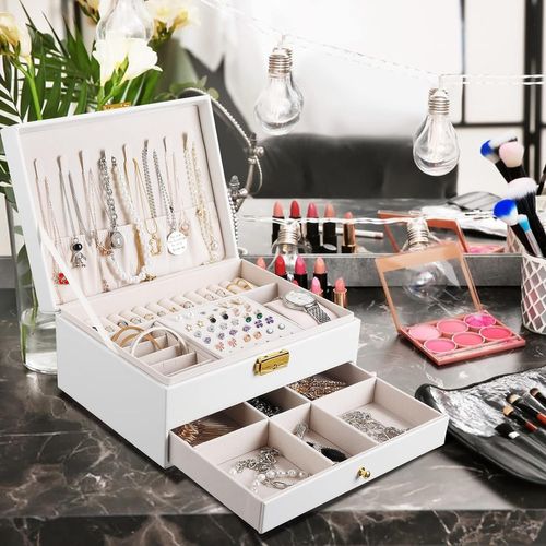 Blanc Boîte à Bijoux Femme, 2 Niveaux Rangement Bijoux Voyage Fille En Cuir Pu, Organisateur