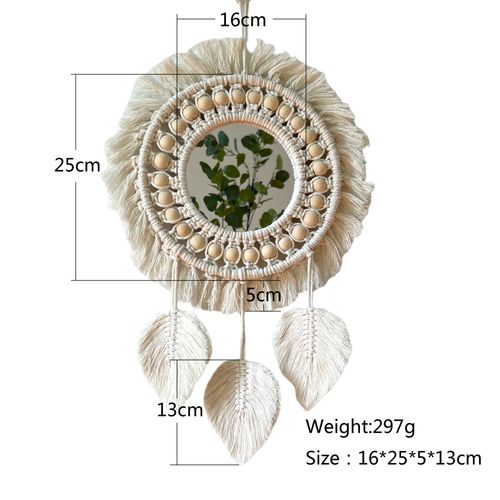 Beige,miroir Mural à Franges En Macramé Boho Avec Pendentif En Plumes De Perles De Bois Miroir