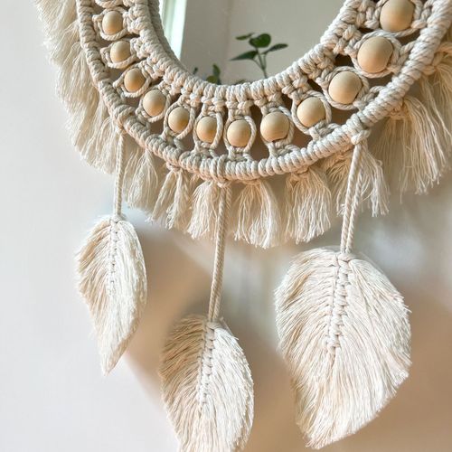 Beige,miroir Mural à Franges En Macramé Boho Avec Pendentif En Plumes De Perles De Bois Miroir