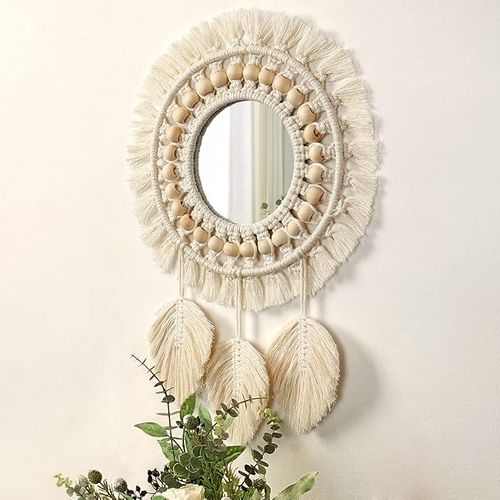 Beige,miroir Mural à Franges En Macramé Boho Avec Pendentif En Plumes De Perles De Bois Miroir
