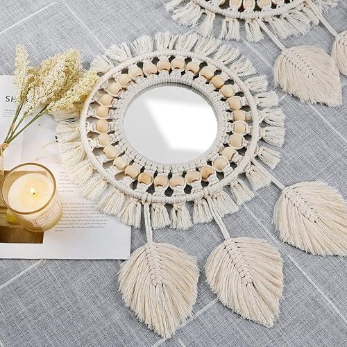 Beige,miroir Mural à Franges En Macramé Boho Avec Pendentif En Plumes De Perles De Bois Miroir