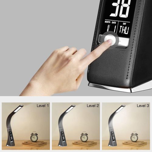 Lampe De Bureau LED Avec 3 Niveaux De Luminosité, Calendrier, Affichage De La Température, Noir