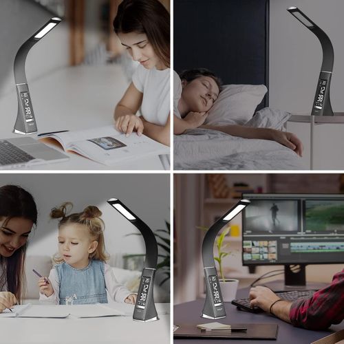 Lampe De Bureau LED Avec 3 Niveaux De Luminosité, Calendrier, Affichage De La Température, Noir