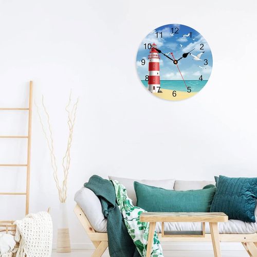 Horloge Murale Phare Mouette 30 Cm, Horloge En Bois Silencieuse, Design Ciel Moderne