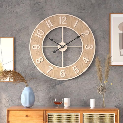 Horloge Murale Silencieuse, Horloge Murale Moderne En Grain De Bois Avec Chiffres Arabes 60 Cm