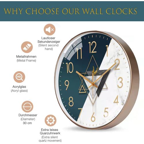 Horloge murale silencieuse de 30 cm, horloge à pendule silencieuse pour chambre à coucher