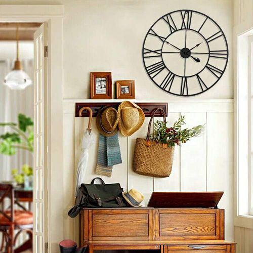 Vintage Wall Clock, 40cm (Black) Metal Hollow Clock, Living Room Kitchen Cafe Hotel Office Home