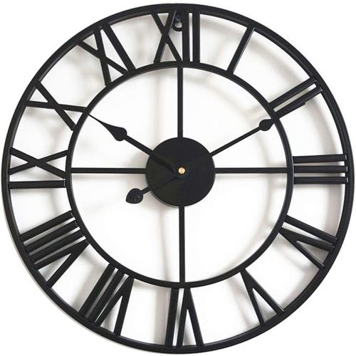 Vintage Wall Clock, 40cm (Black) Metal Hollow Clock, Living Room Kitchen Cafe Hotel Office Home