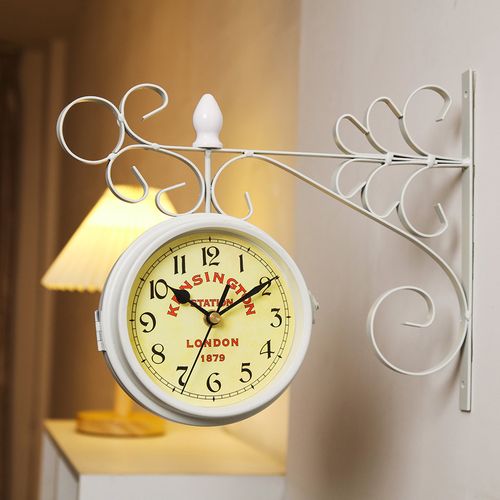 White Vintage Art Design Double Sided Metal Wall Clock