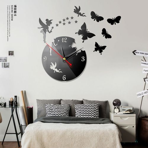 New 3d Mirror Effect Wall Clock Fairy Butterfly Home De