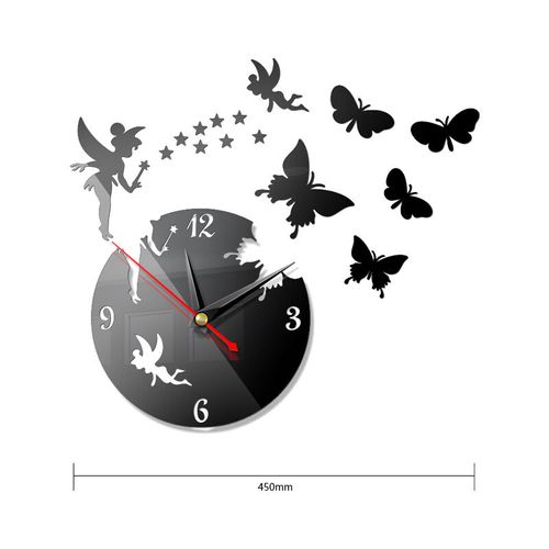 New 3d Mirror Effect Wall Clock Fairy Butterfly Home De
