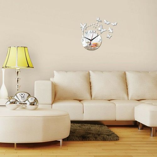 New 3d Mirror Effect Wall Clock Fairy Butterfly Home De
