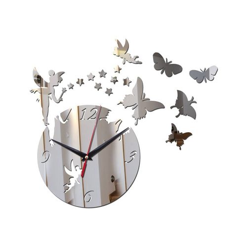 New 3d Mirror Effect Wall Clock Fairy Butterfly Home De