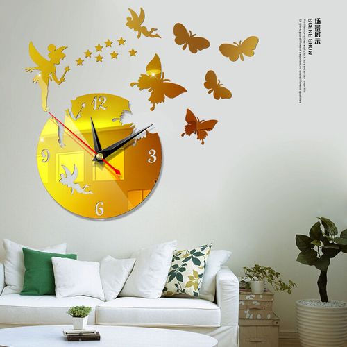 New 3d Mirror Effect Wall Clock Fairy Butterfly Home De