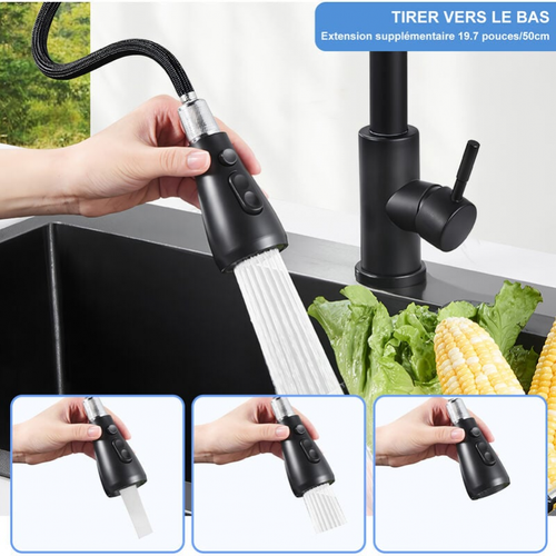 Mitigeur D'évier Noir, Robinet D'évier Extensible Pivotant à 360° Avec 2 Modes