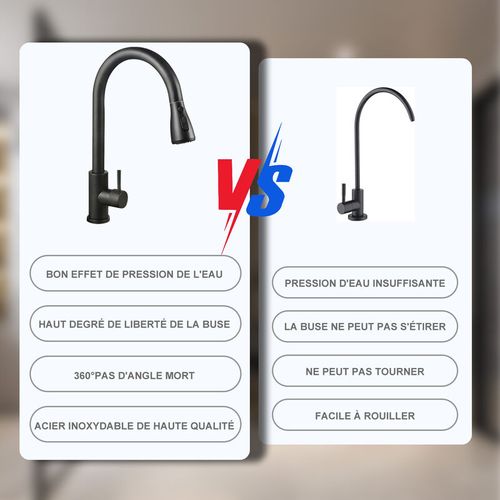 Mitigeur D'évier Noir, Robinet D'évier Extensible Pivotant à 360° Avec 2 Modes