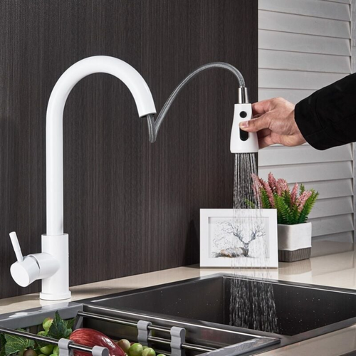 Robinet De Cuisine Avec Douchette Rétractable Blanche, Robinet Pivotant à 360°