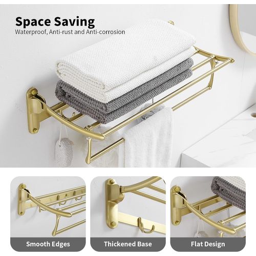 Porte-serviettes Avec Porte-serviettes , Accessoire De Salle De Bain Mural Multifonction 60 Cm, Doré